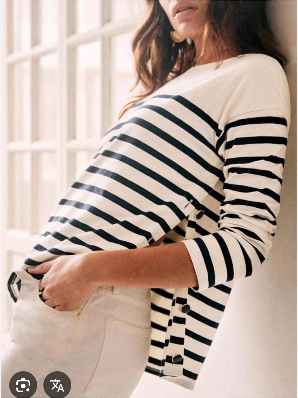 Sezane Navy & White Striped Long-Sleeve Tee with Side Buttons